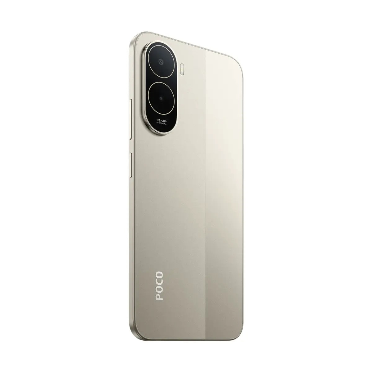 Retro di uno smartphone Poco beige con due lenti della fotocamera verticali e logo del marchio.