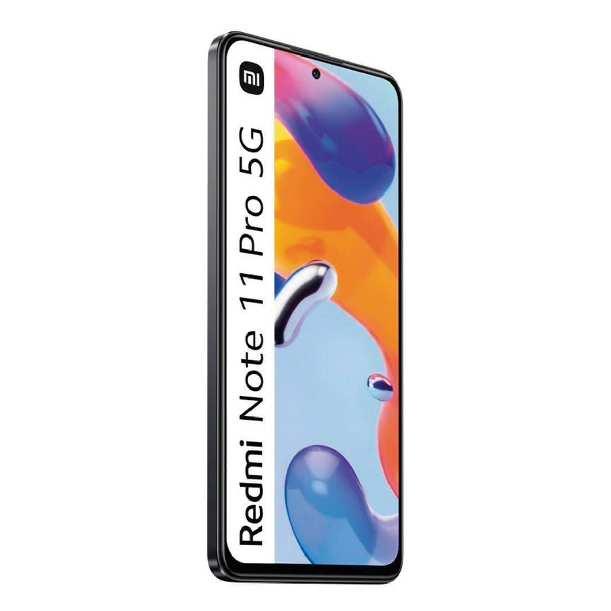 Uno smartphone nero Redmi Note 11 Pro 5G con forme ondulate colorate sullo schermo.
