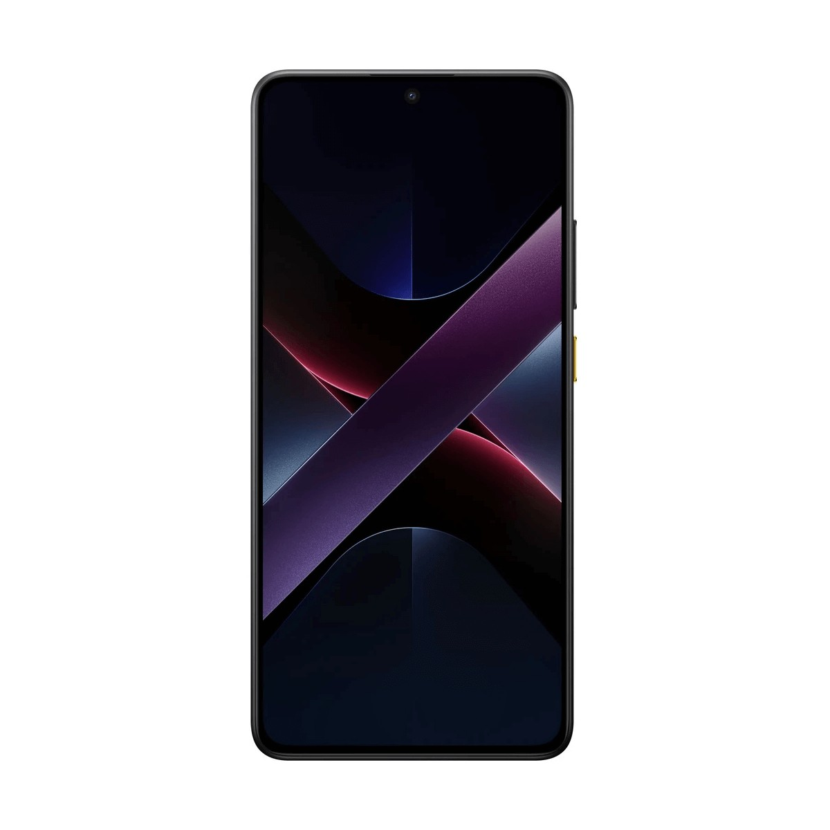 Uno smartphone nero con uno sfondo astratto viola e rosso e una fotocamera frontale centrata.