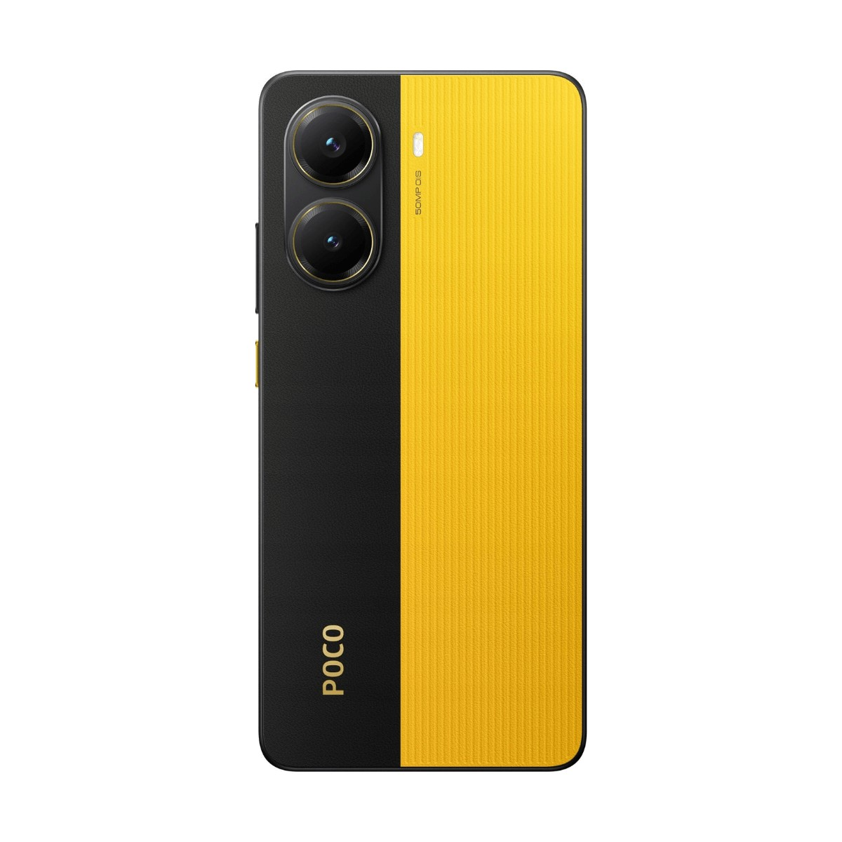 Retro di uno smartphone nero e giallo, con due obiettivi fotografici e il logo POCO.