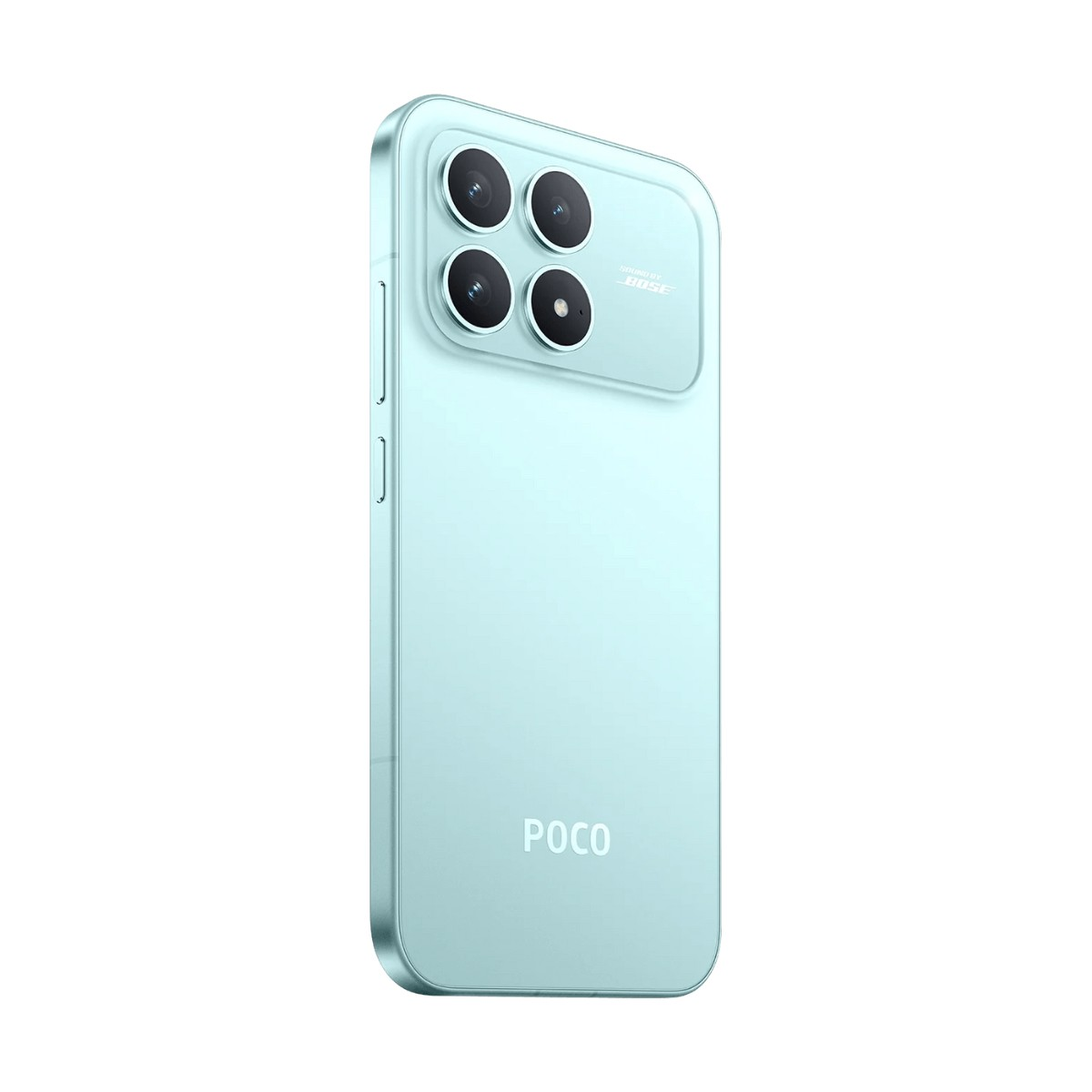 Smartphone POCO azzurro visto da dietro, con una fotocamera quadrupla quadrata in alto a sinistra e logo in basso.