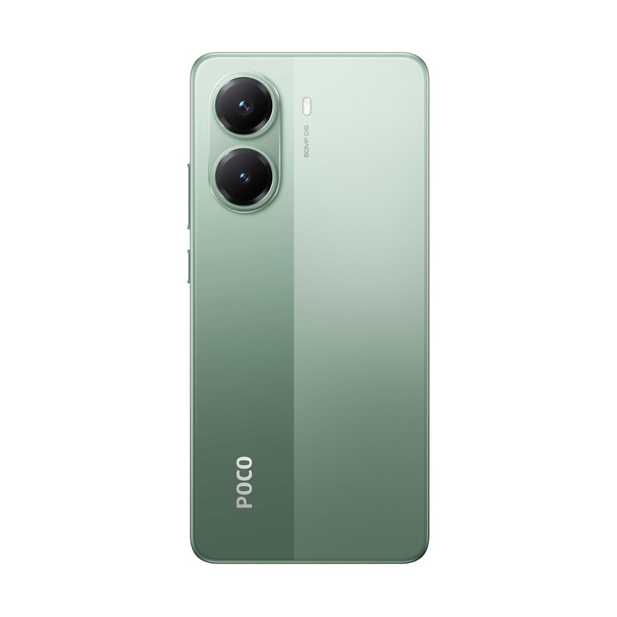 Smartphone verde con due fotocamere posteriori e il logo POCO.