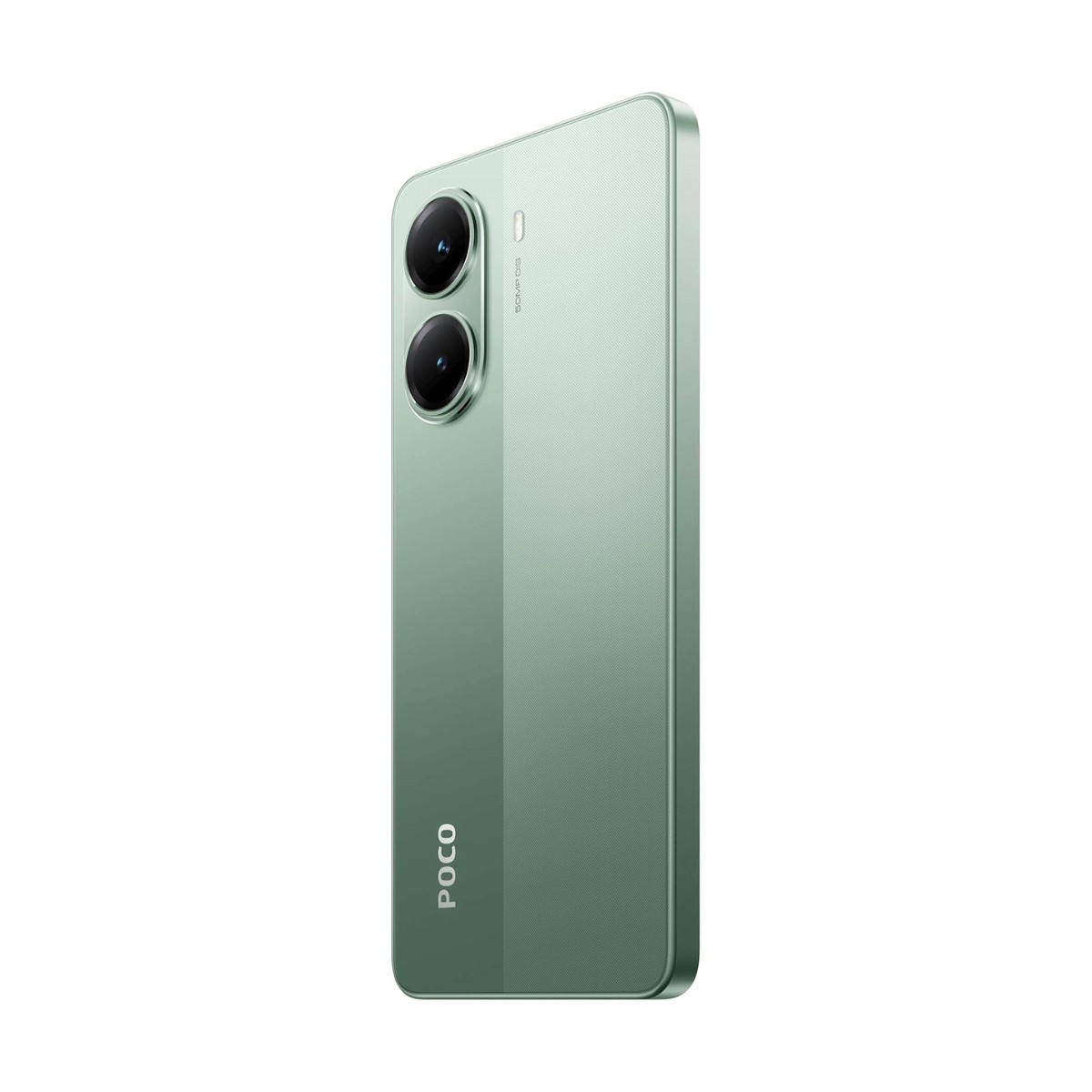 Retro di uno smartphone POCO verde menta con doppia fotocamera verticale e corpo zigrinato.