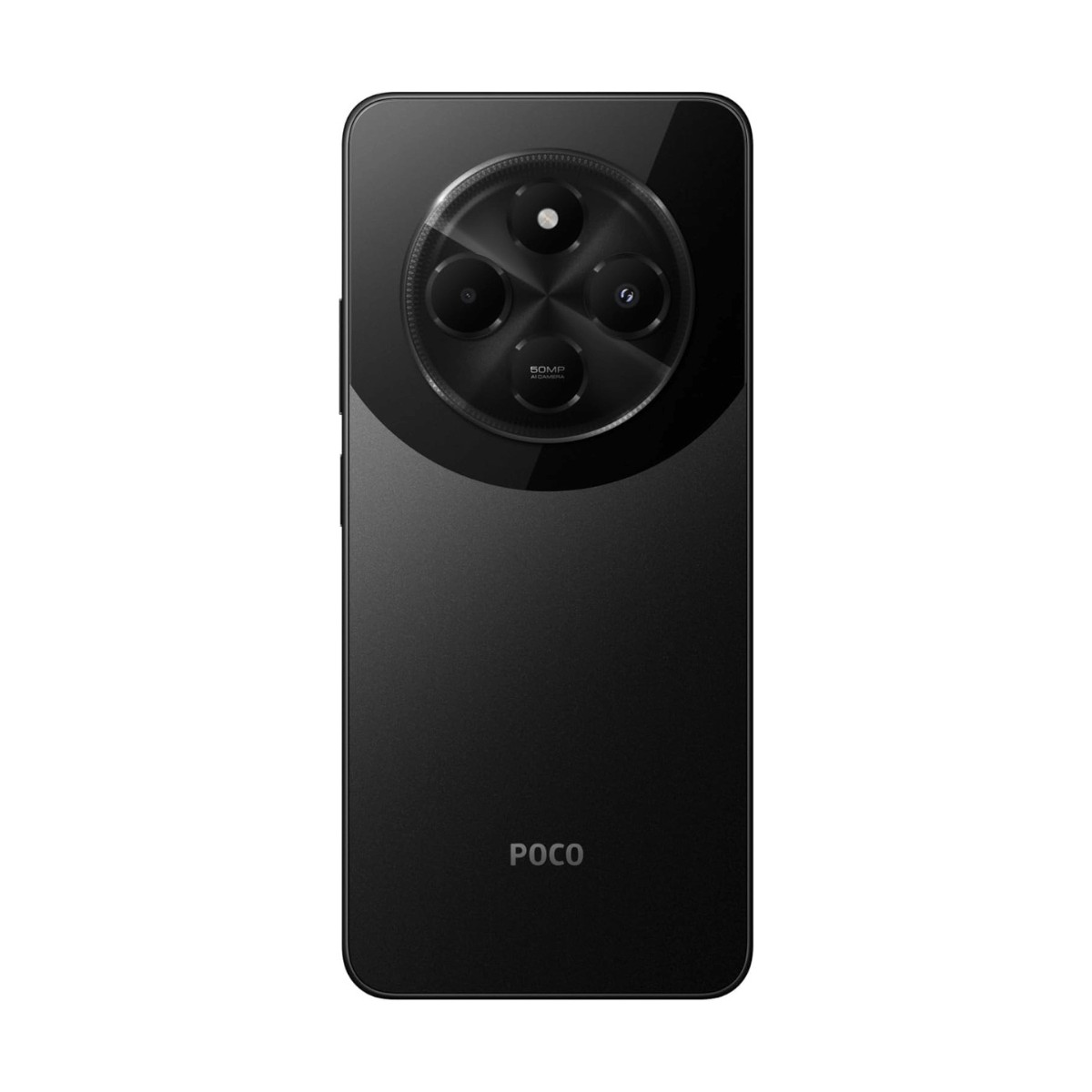 Retro di uno smartphone Poco nero con ampio modulo fotografico rotondo in alto e logo Poco in basso.