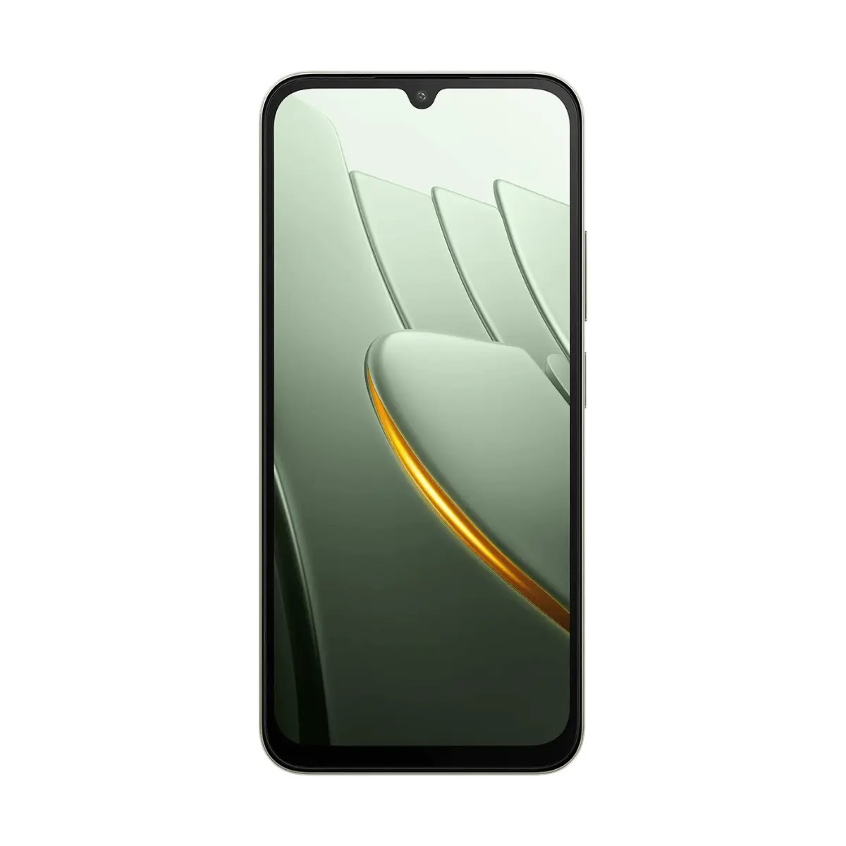 Uno smartphone con sfondo astratto verde, forme curve e un dettaglio luminoso arancione.