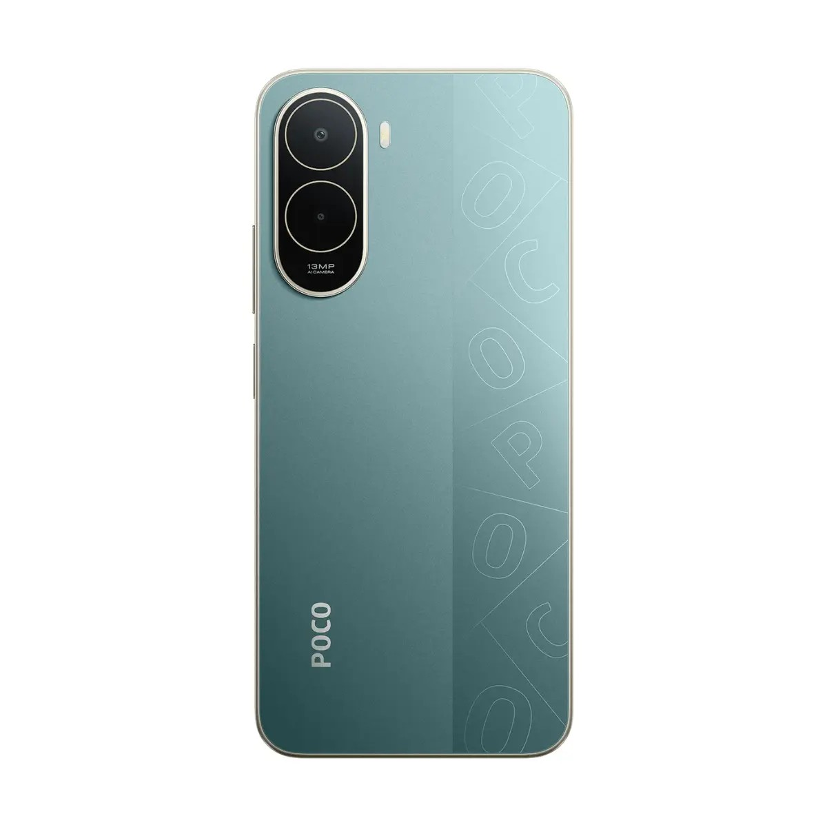 Retro di uno smartphone verde menta con doppia fotocamera e logo POCO.