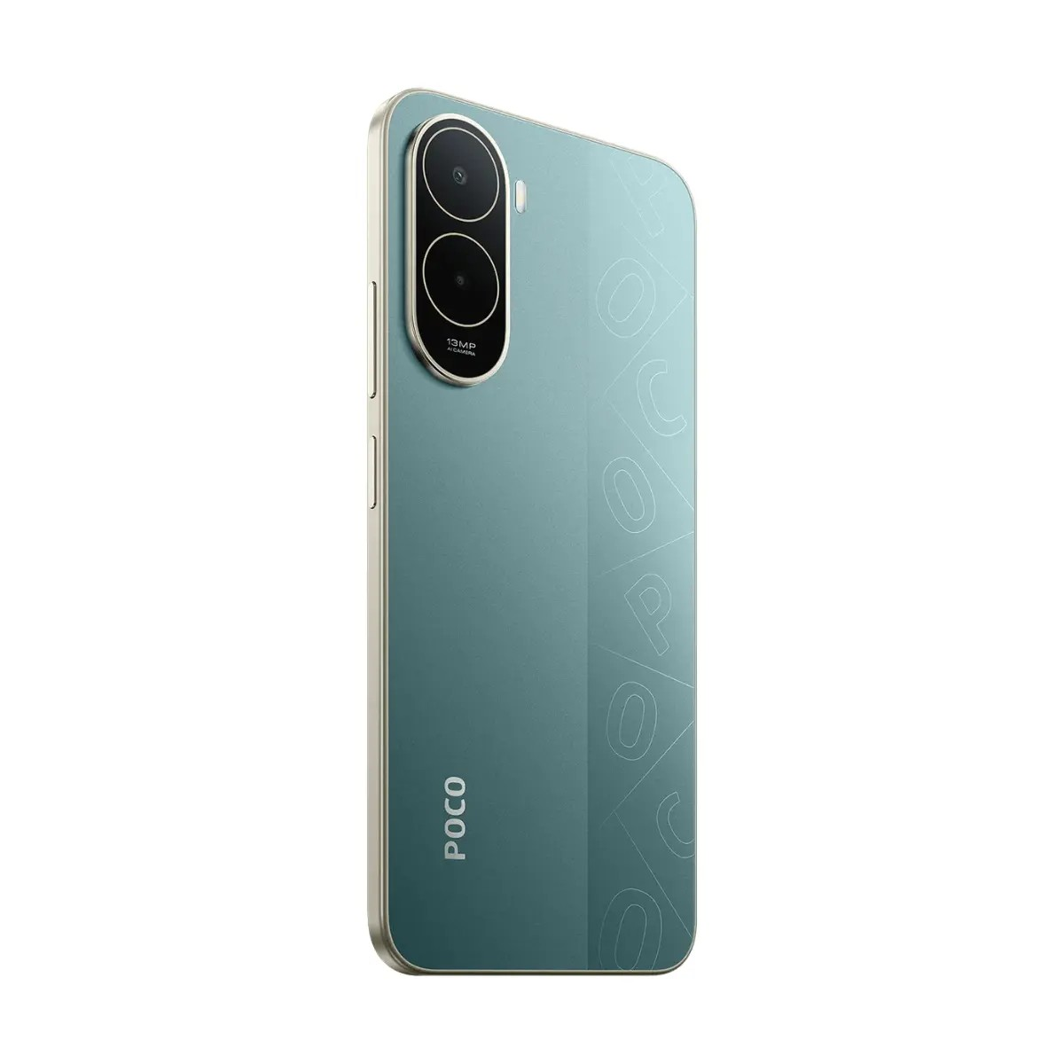 Retro di uno smartphone POCO verde menta con doppia fotocamera verticale e delicati motivi geometrici.