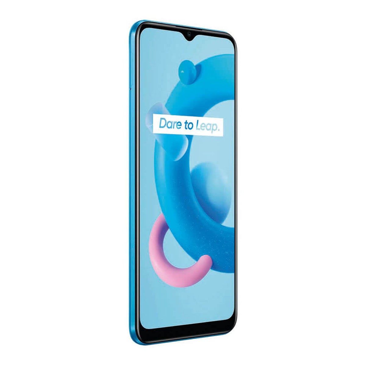 Ein blaues Smartphone nach rechts geneigt, zeigt einen hellblauen Bildschirm mit abstrakten Formen und Text.