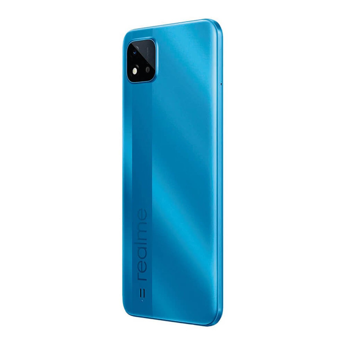Blaue Rückseite eines Realme-Smartphones mit rechteckiger Dual-Kamera und vertikalem Logo.