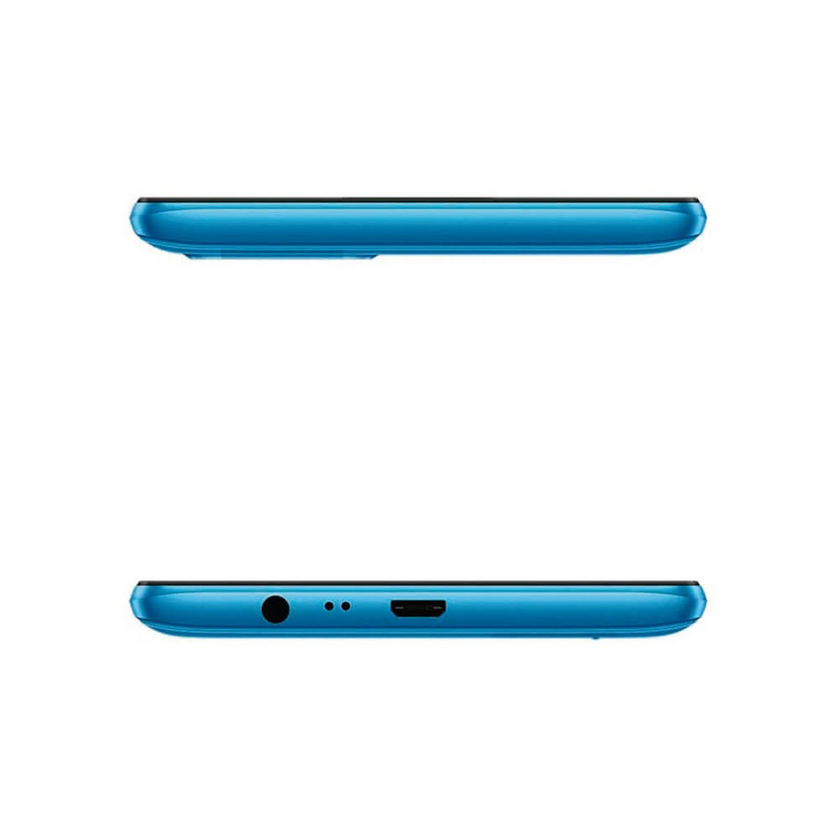 Zwei Ansichten eines blauen Smartphones mit der Oberseite und der Unterseite inklusive Klinkenbuchse und Ladeanschluss.