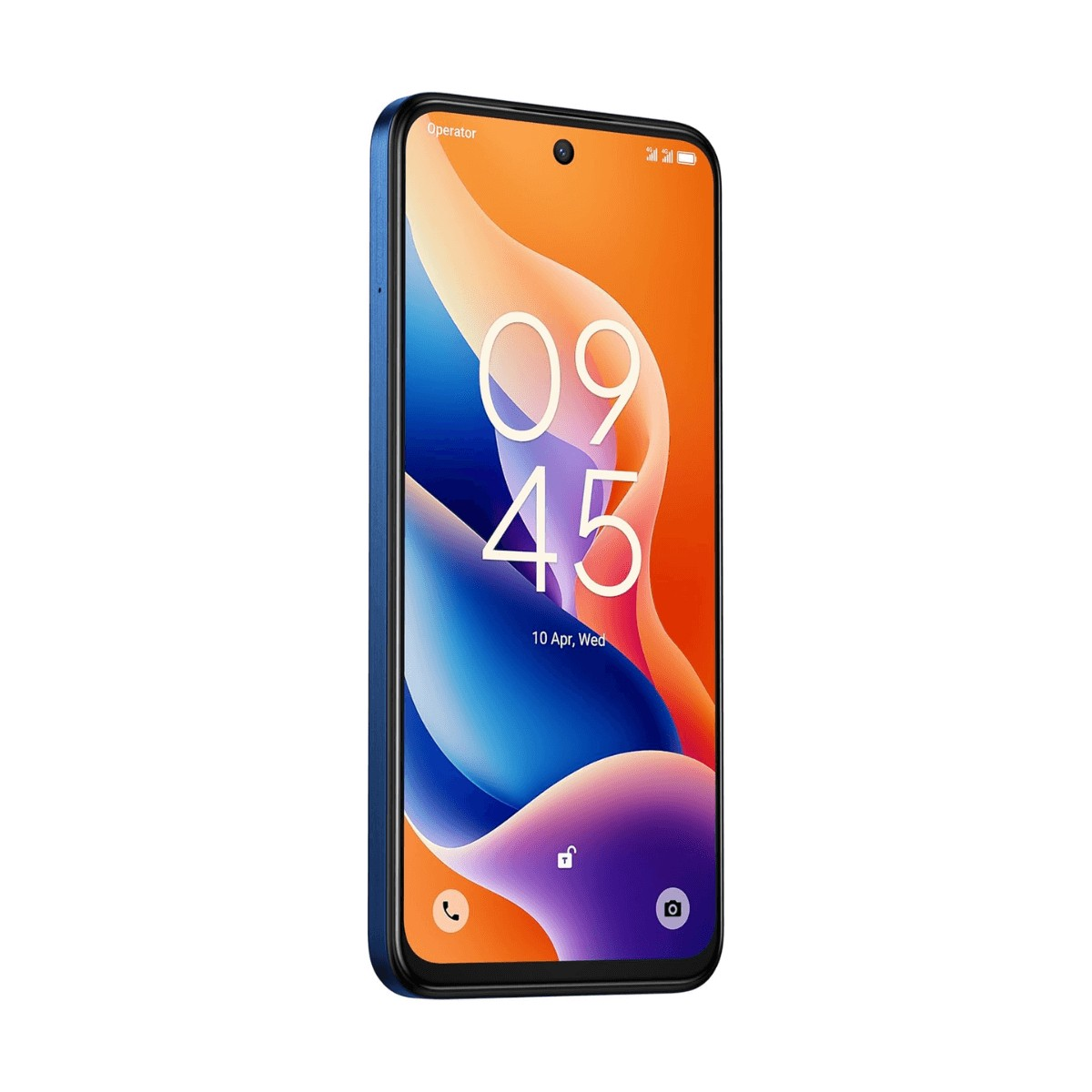 Uno smartphone blu mostra una schermata di blocco colorata con l'ora 09:45.
