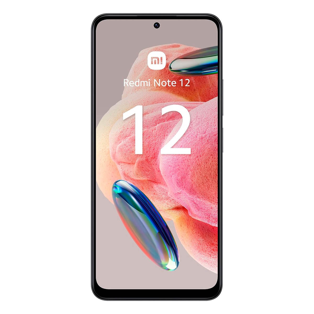 Smartphone Redmi Note 12 nero con sfondo astratto rosa e numero 12 bianco.