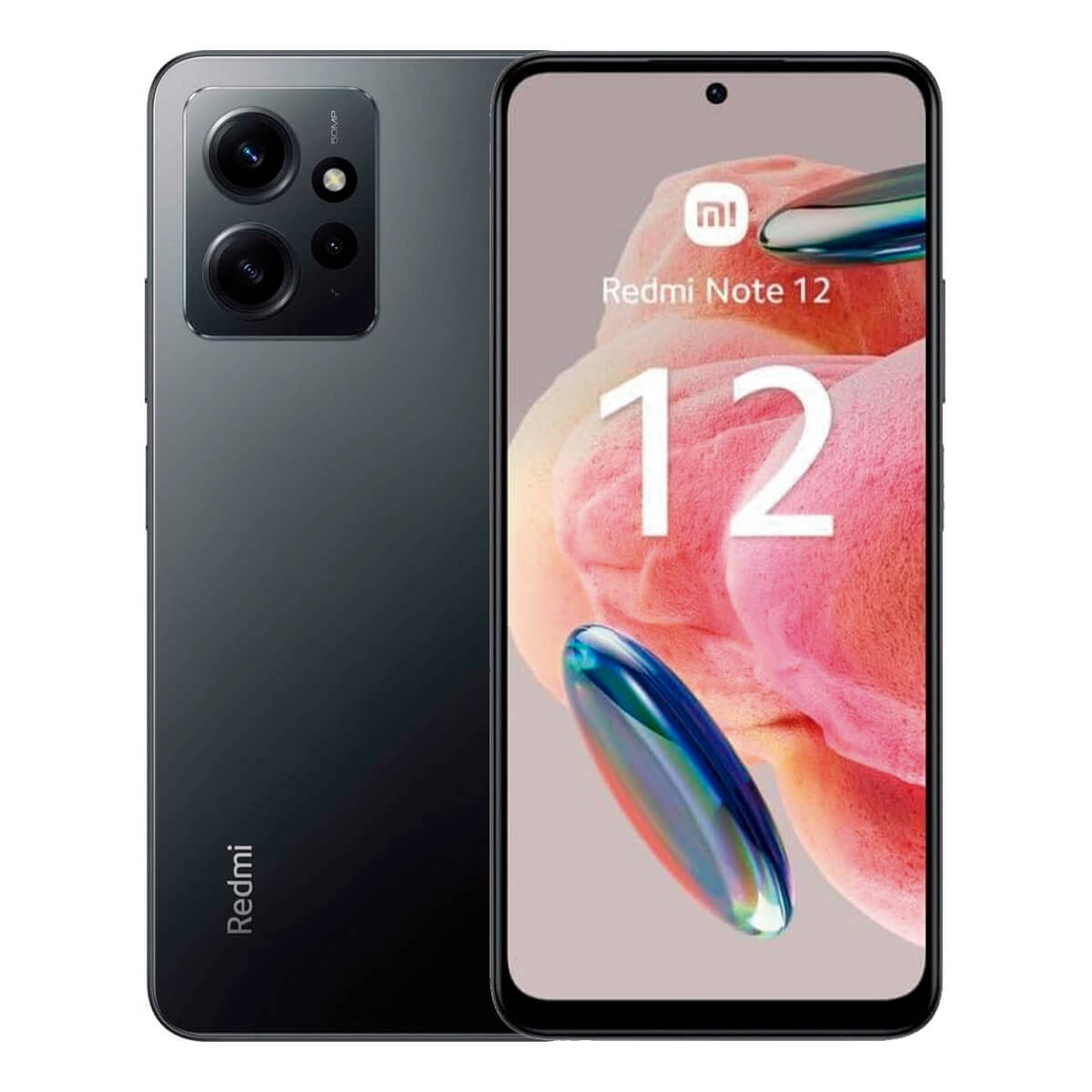Vista anteriore e posteriore dello smartphone grigio Xiaomi Redmi Note 12 con il nome del modello sullo schermo.