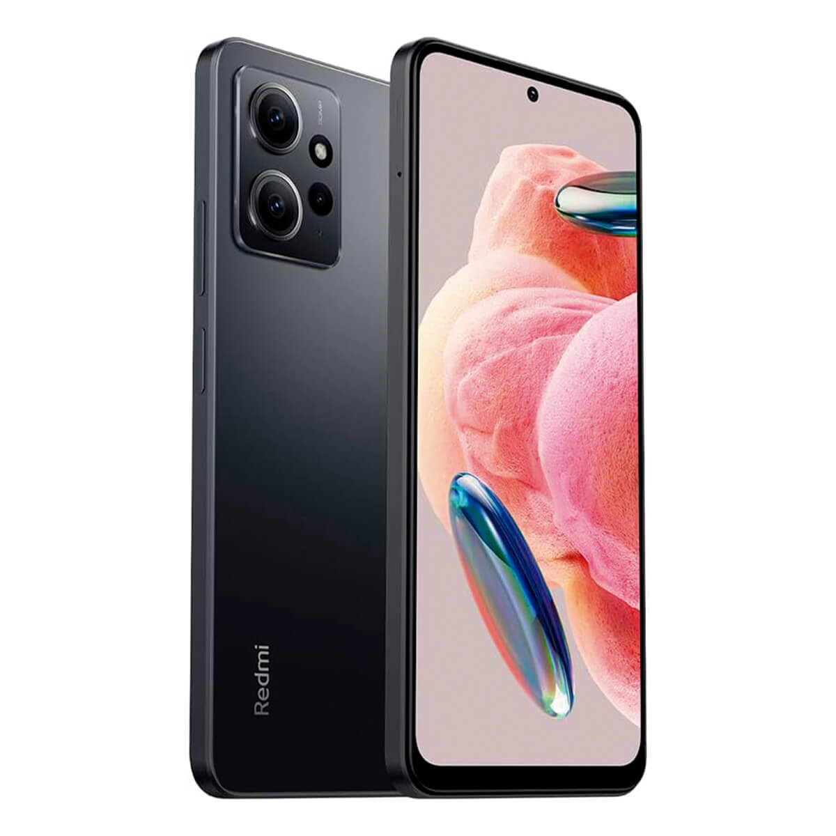 Smartphone Redmi nero che mostra la vista anteriore e posteriore, tripla fotocamera e schermo colorato.