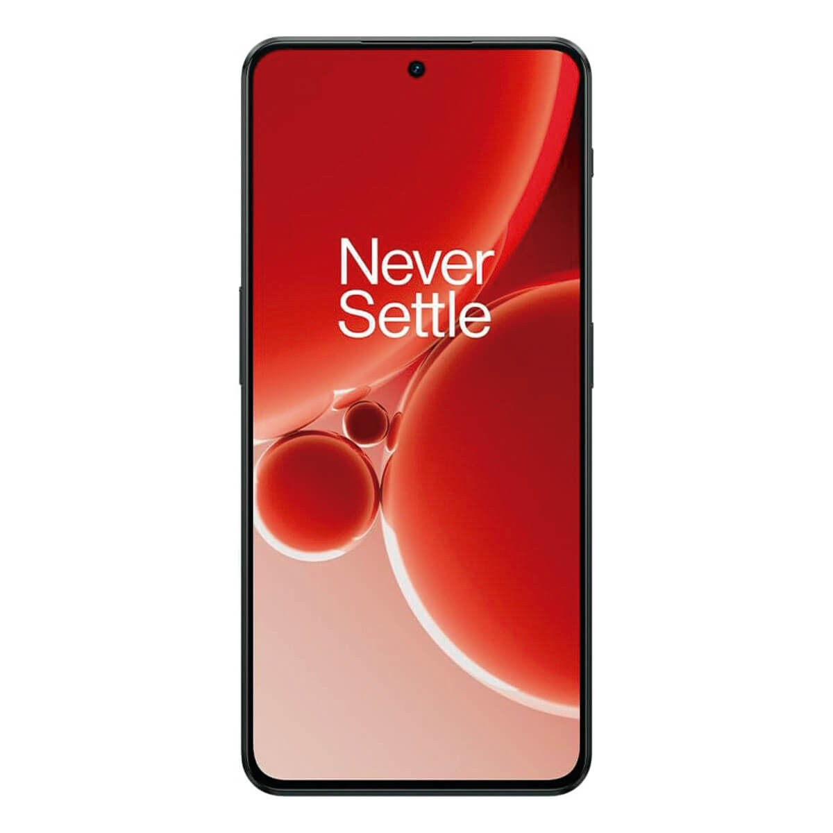 Smartphone nero con schermo rosso e la scritta 'Never Settle'.