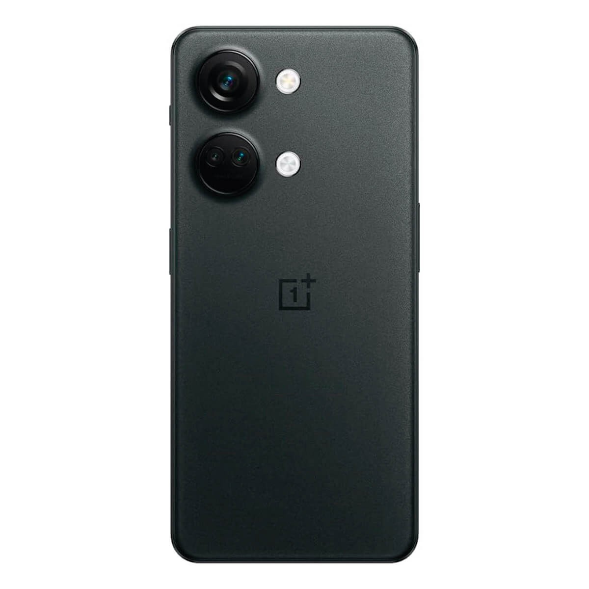 Retro di uno smartphone grigio scuro con due obiettivi circolari e due piccoli flash, con il logo OnePlus.