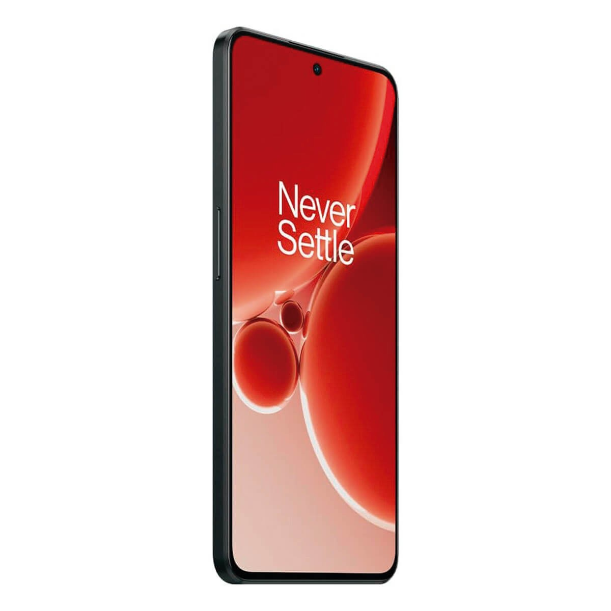 Uno smartphone nero mostra uno schermo rosso con il testo Never Settle.