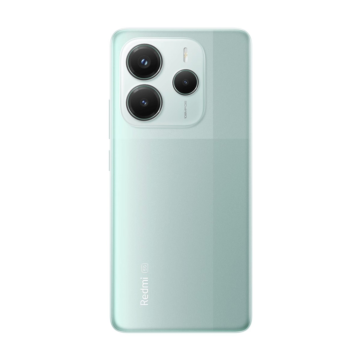 Retro di uno smartphone Redmi 5G verde menta con tre fotocamere nell'angolo in alto a sinistra.