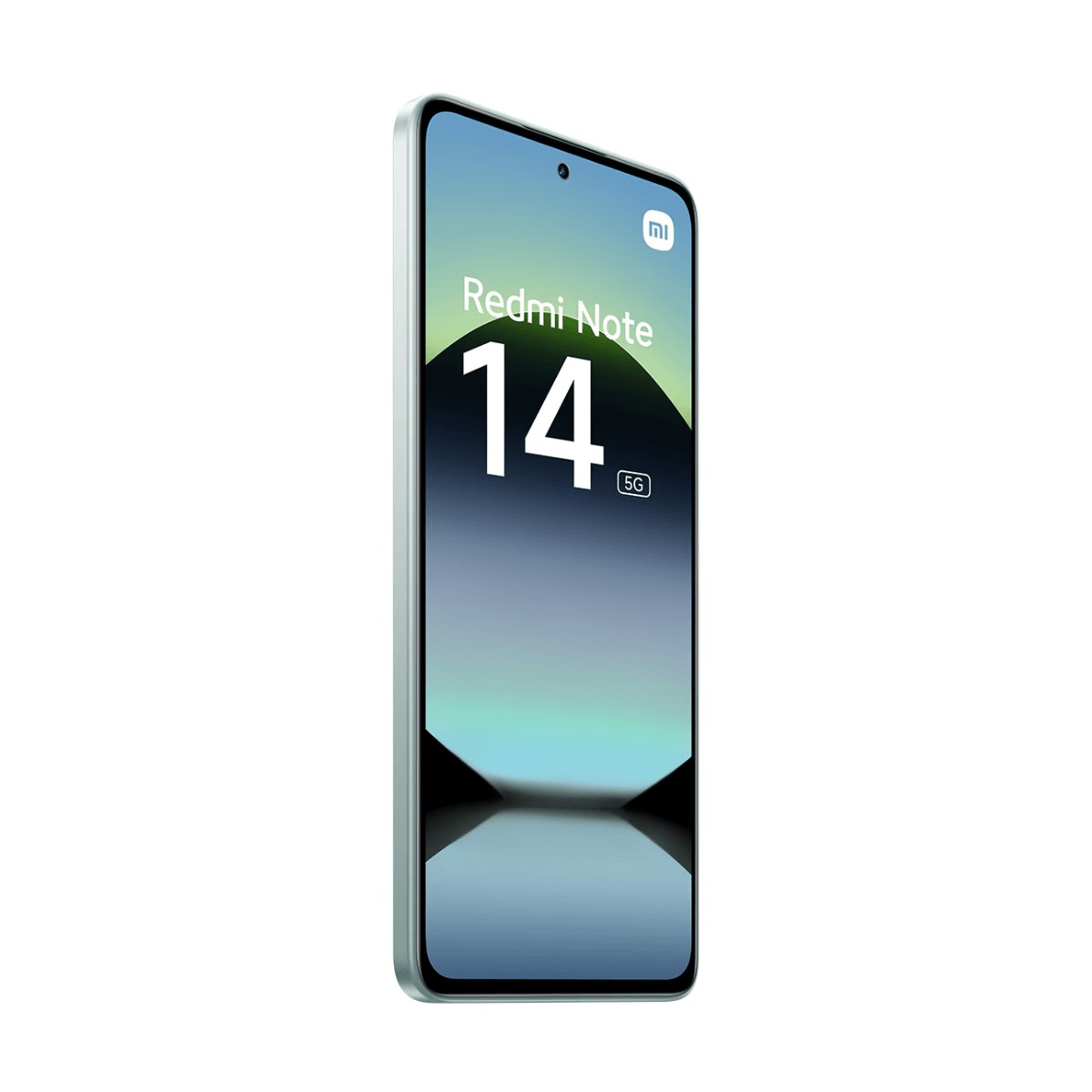 Uno smartphone Redmi Note 14 5G azzurro inclinato con grafica dello schermo verde e blu.