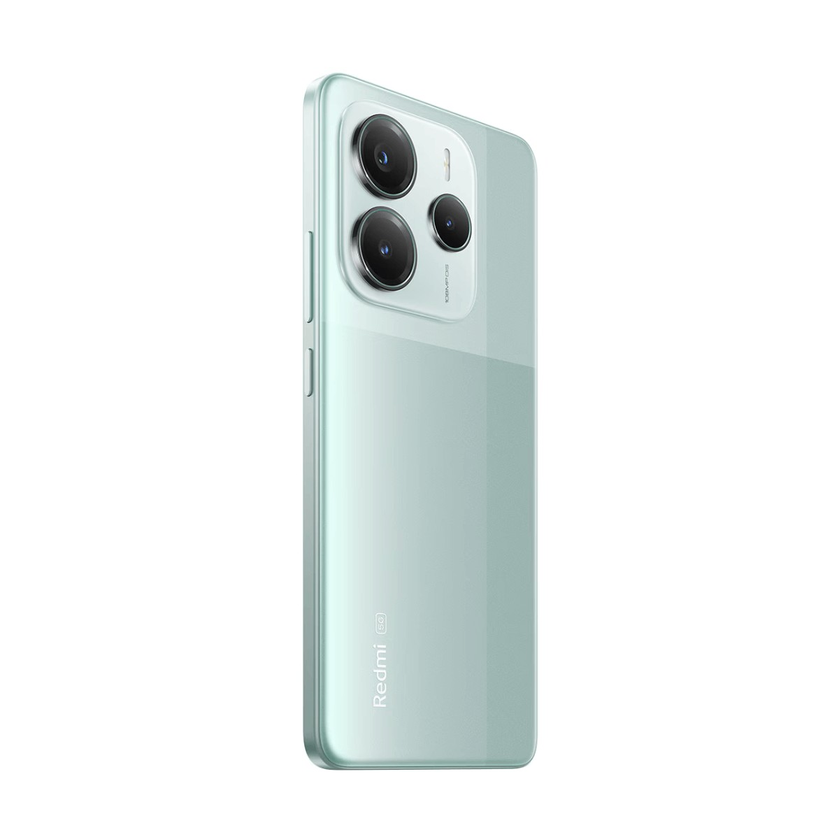 Vista posteriore di uno smartphone Redmi 5G verde menta con doppia fotocamera e sfondo bianco.