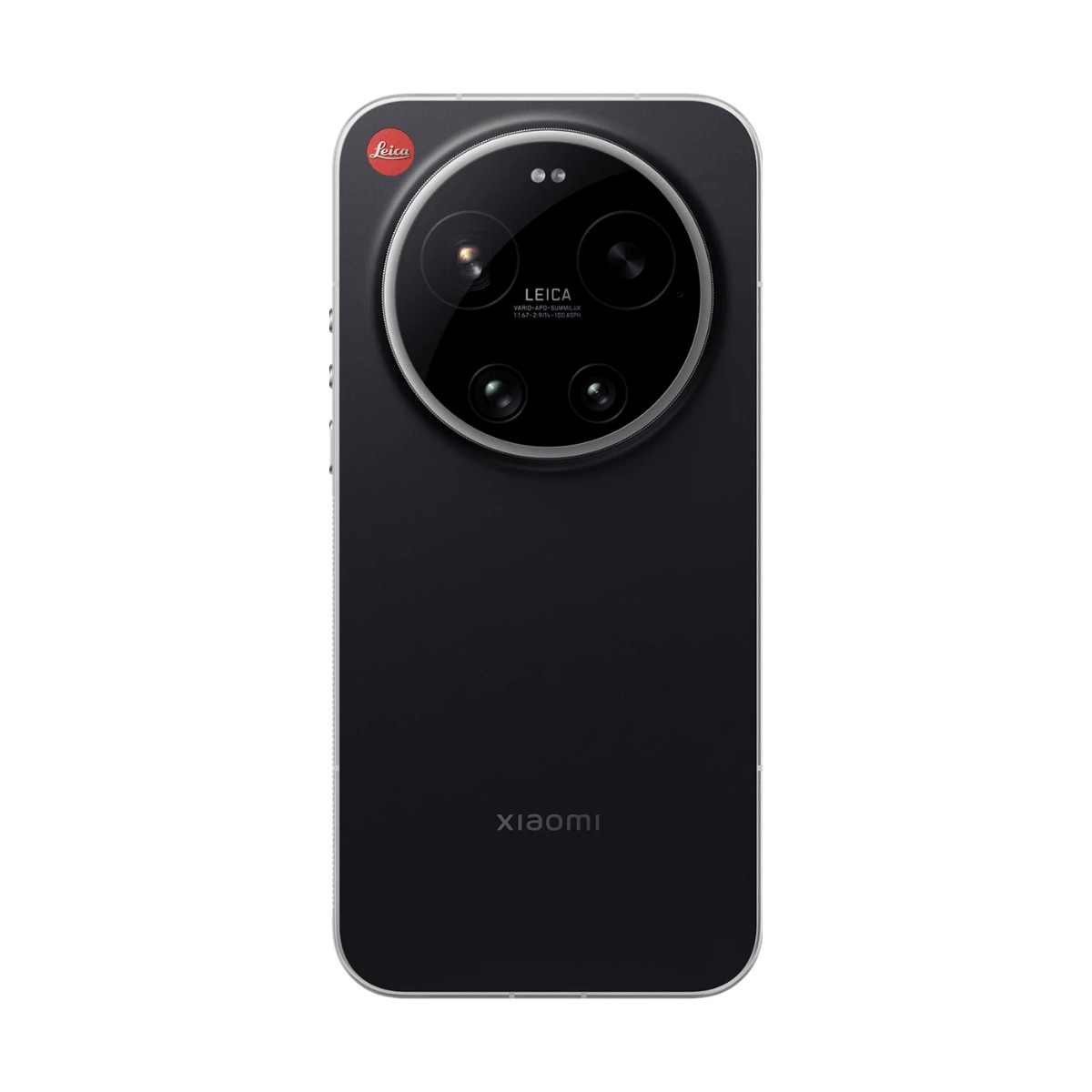 Retro di uno smartphone nero con un grande modulo fotocamera rotondo e logo Leica.