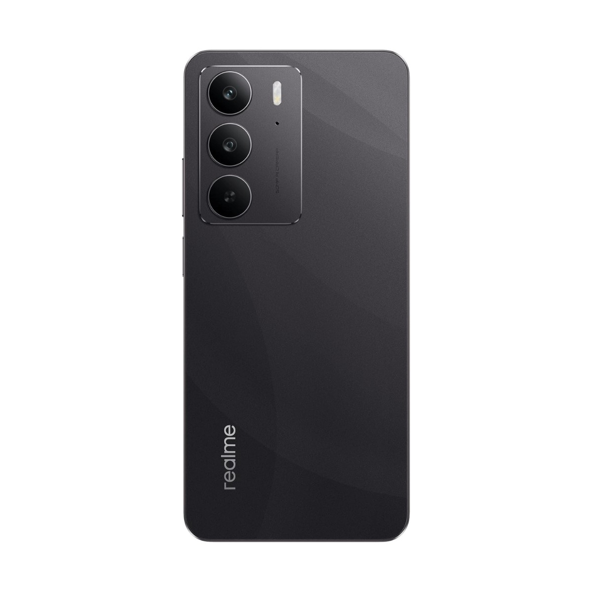 Retro di uno smartphone Realme nero con modulo a tripla fotocamera e logo.