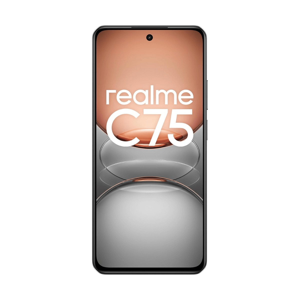Uno smartphone con cornice nera mostra la scritta realme C75 su uno schermo con forme geometriche arrotondate.