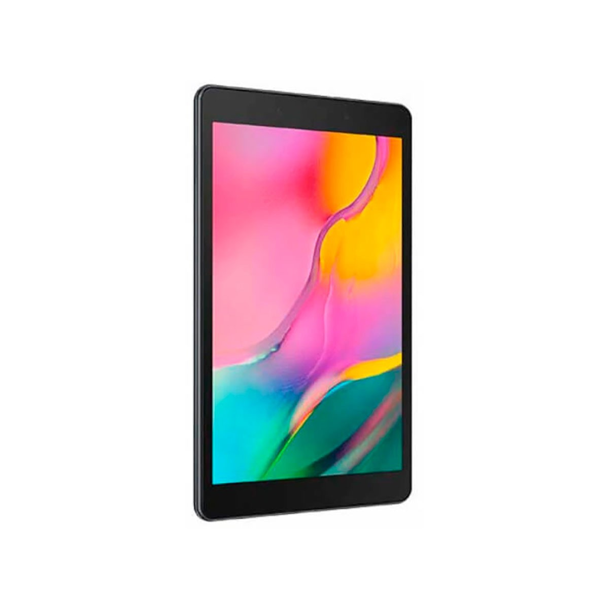Un tablet nero con uno sfondo astratto colorato nei toni del rosa, giallo e blu.