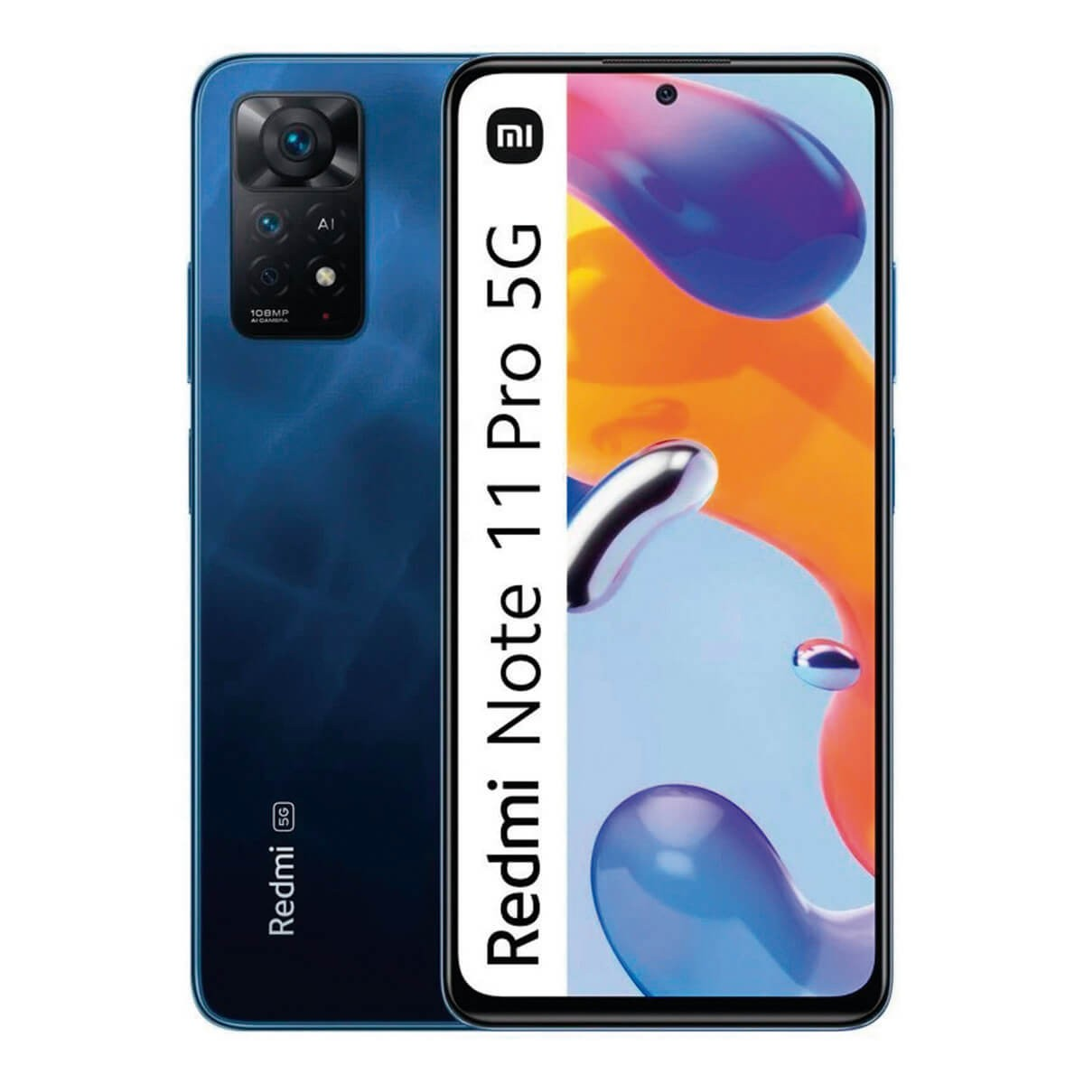Uno smartphone blu Redmi Note 11 Pro 5G mostra la schermata iniziale colorata e il modulo della fotocamera.