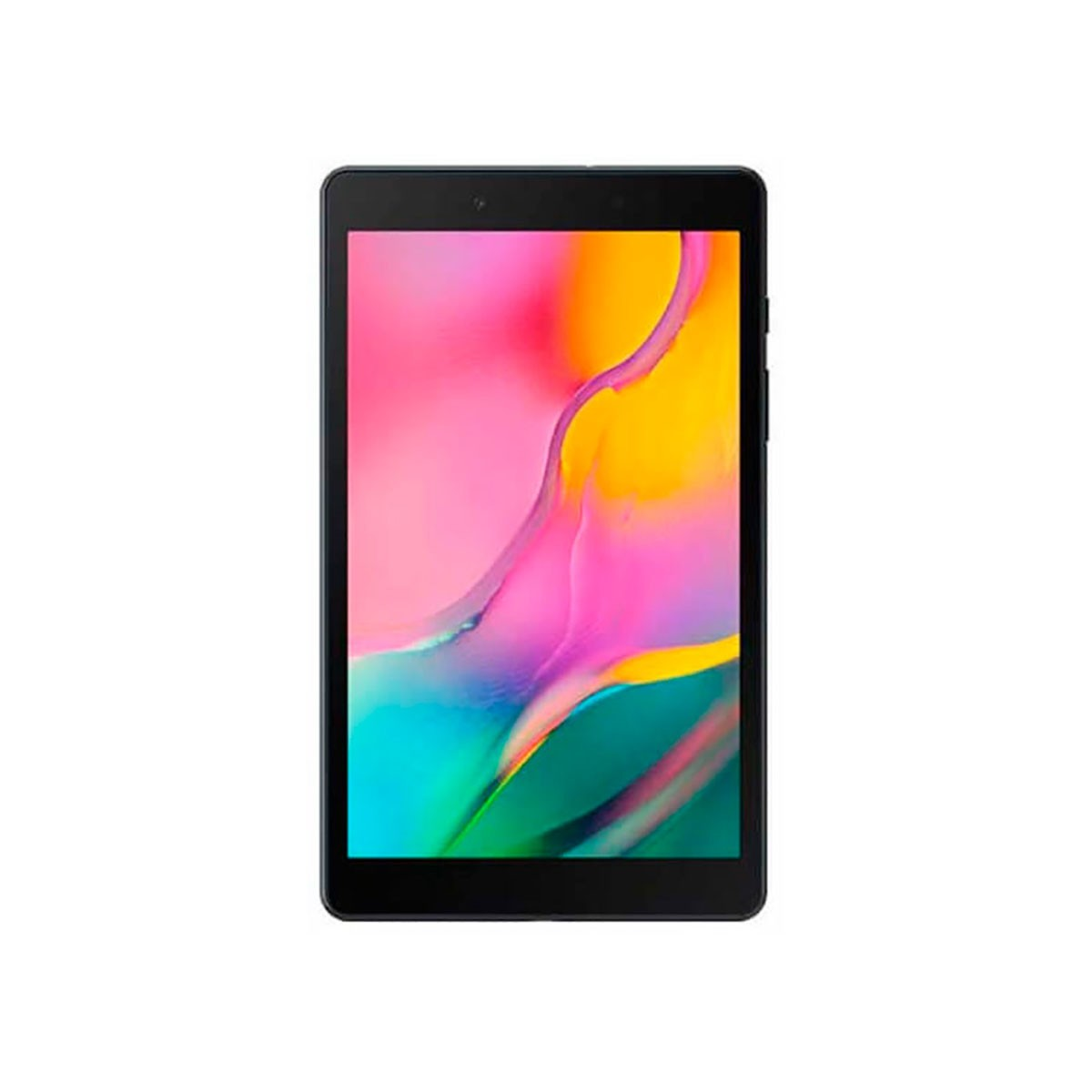 Un tablet nero con uno sfondo colorato sullo schermo.