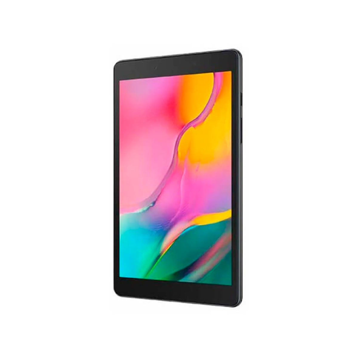 Un tablet nero con uno sfondo astratto e colorato sullo schermo su sfondo bianco.