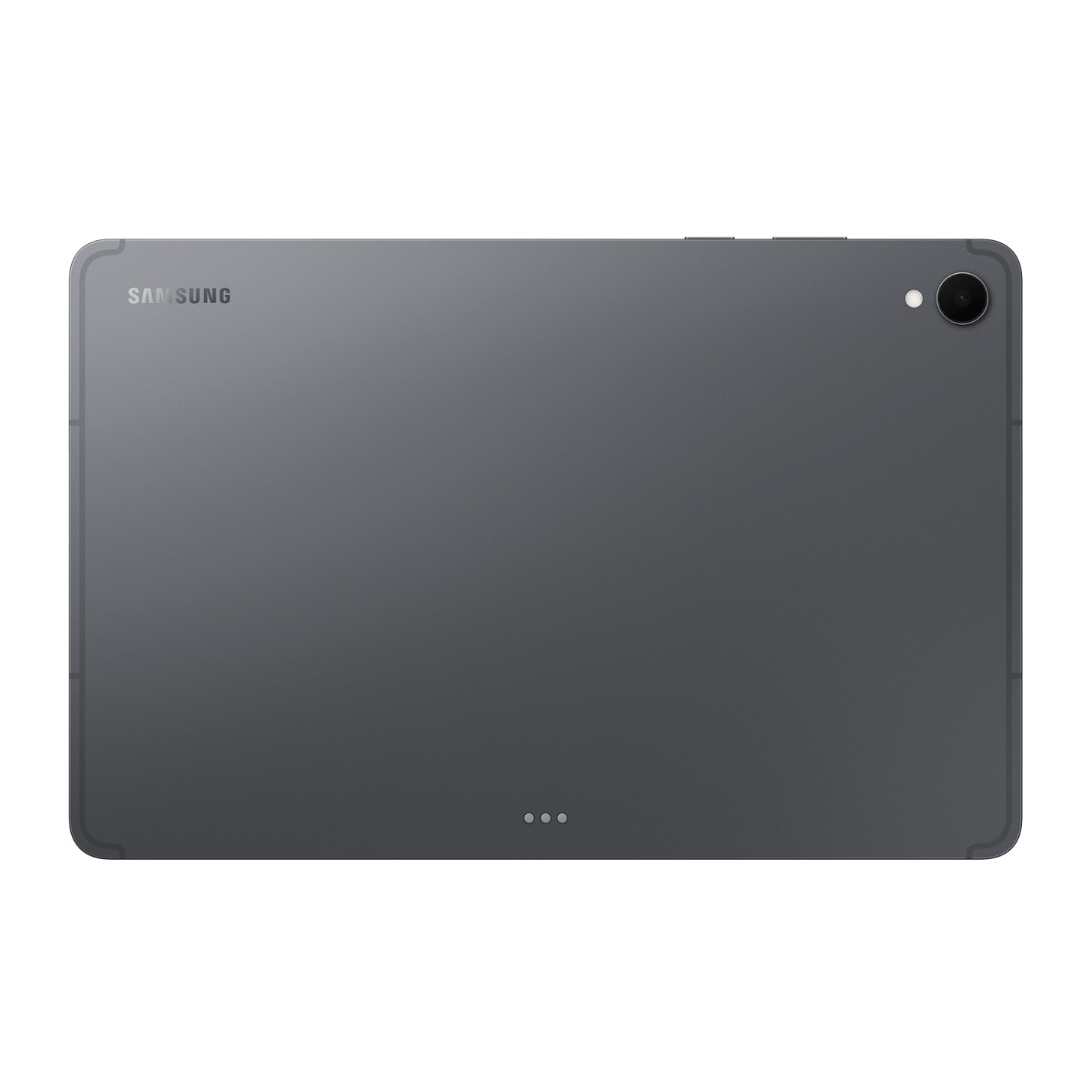 Retro di un tablet Samsung grigio scuro con una fotocamera, un flash e tre pin di connessione.