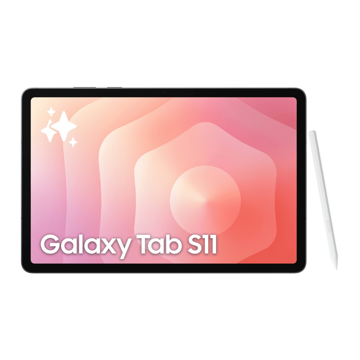 Un tablet Galaxy Tab S11 nero con pennino su sfondo bianco e display colorato.