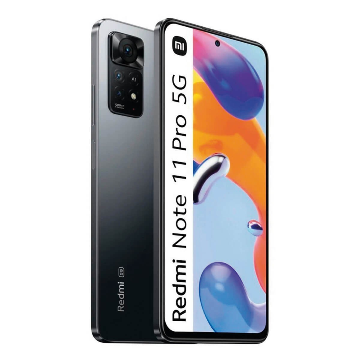 Due smartphone Redmi Note 11 Pro 5G neri, viste frontale e posteriore.