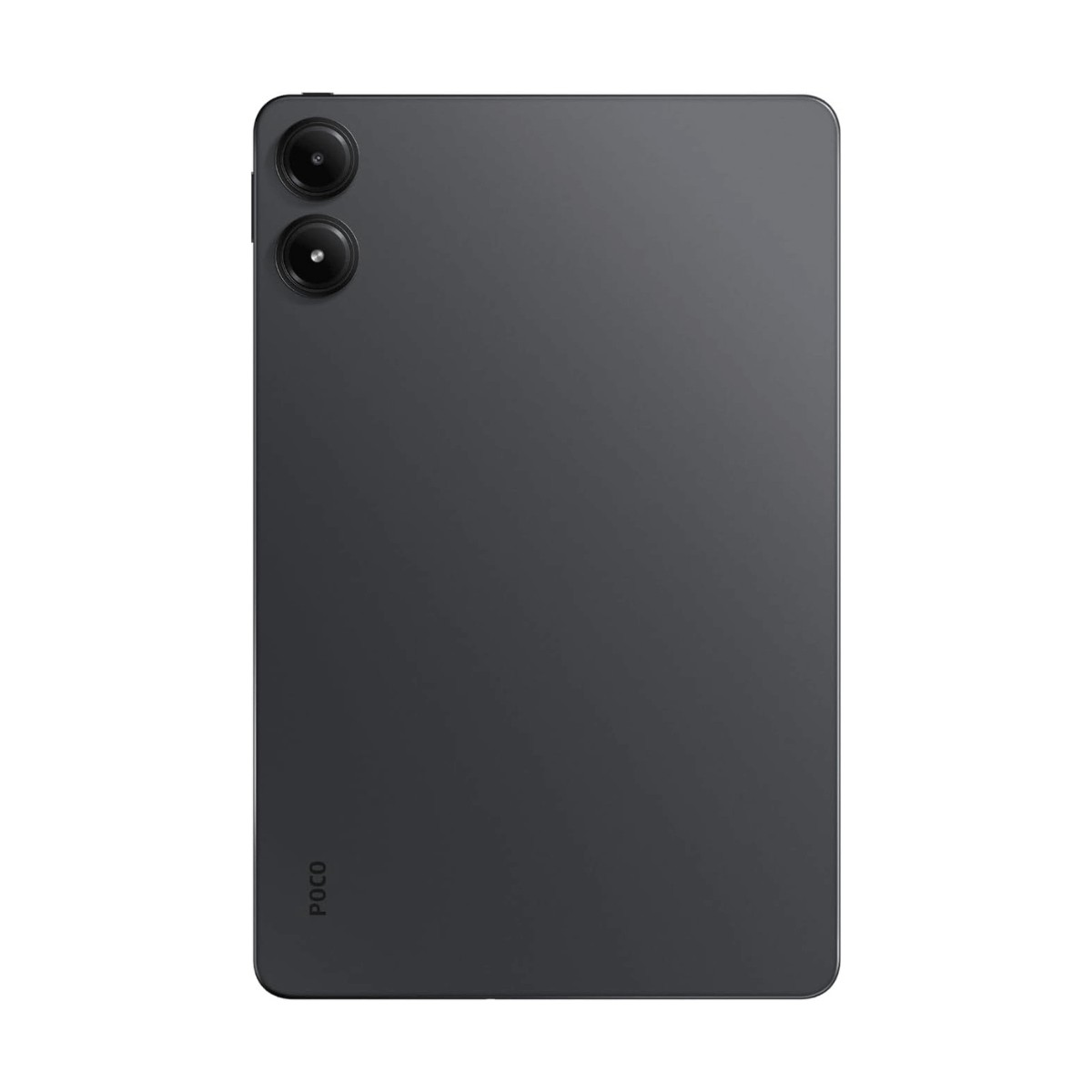 Achterkant van een donkergrijze POCO-tablet met dubbele camera en het logo onderaan.