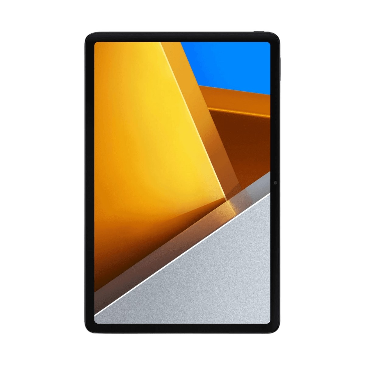 Een zwarte tablet toont een abstract achtergrond met geometrische vormen in geel, blauw, bruin en zilver.