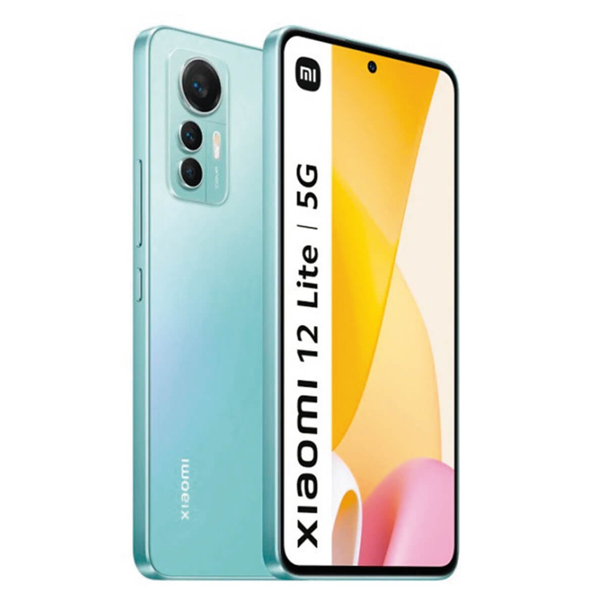Smartphone Xiaomi 12 Lite 5G vert menthe montrant l'avant et l'arrière.