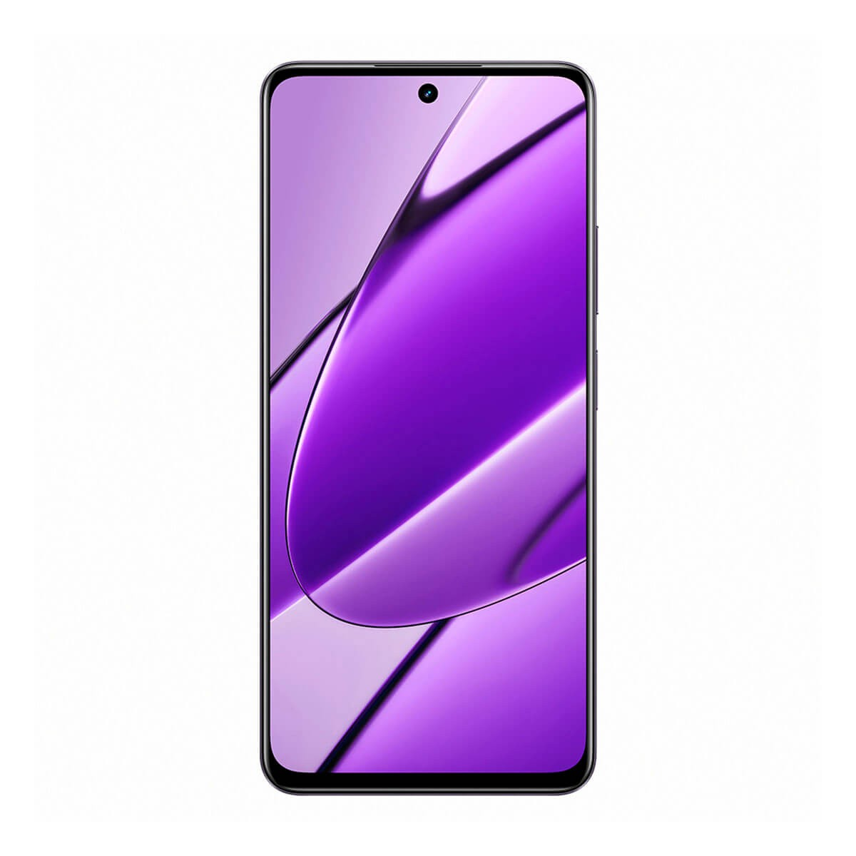 Un teléfono inteligente muestra un fondo de pantalla morado abstracto con líneas curvas y degradados suaves.