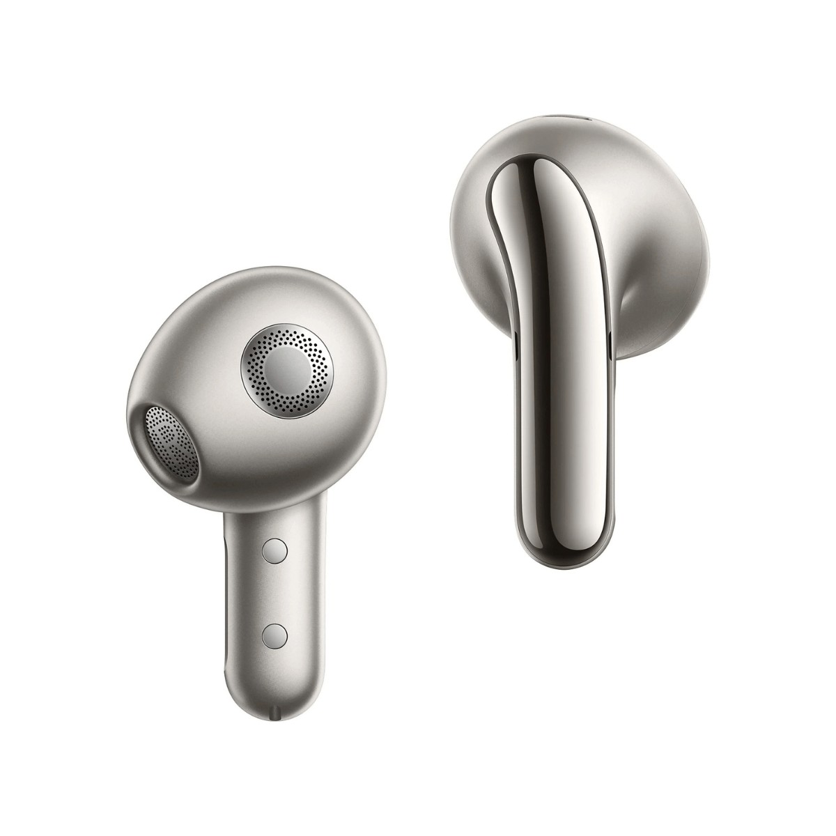 Dos auriculares inalámbricos plateados sobre fondo blanco.