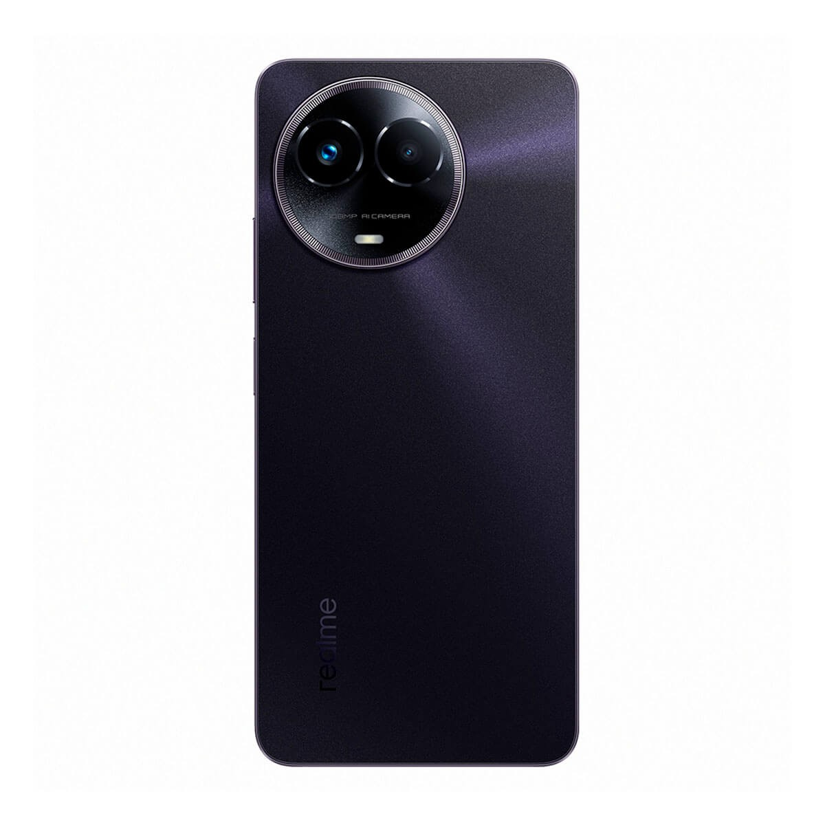 Parte trasera de un smartphone morado oscuro con un módulo de doble cámara circular y el logo de Realme.