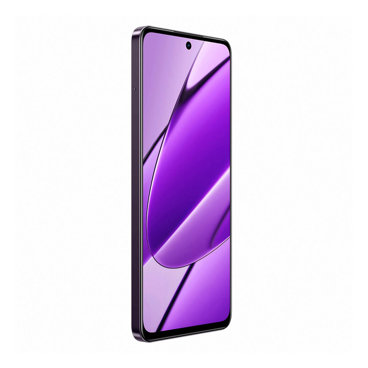 Un teléfono inteligente morado muestra una pantalla morada abstracta sobre un fondo blanco liso.