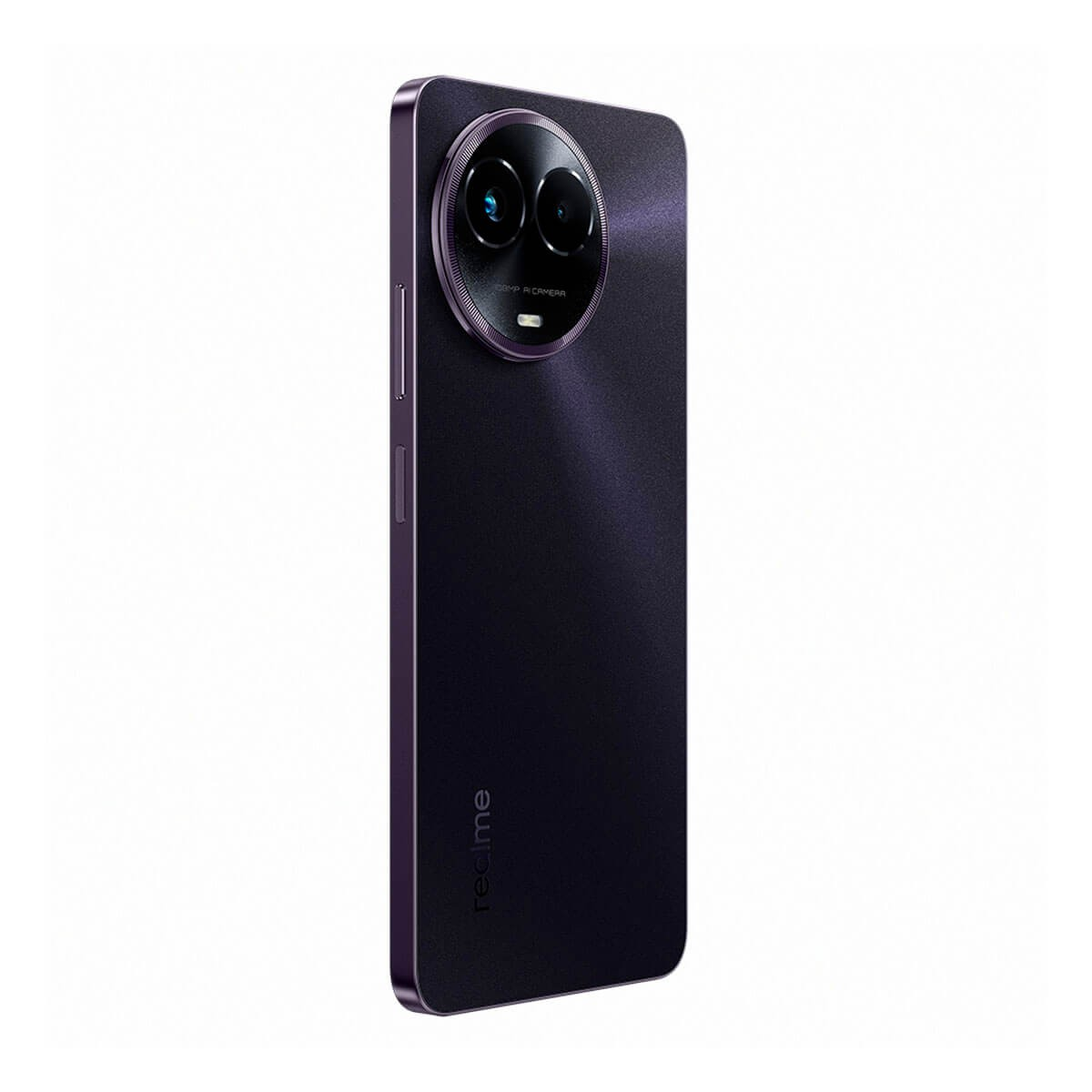 Smartphone Realme morado oscuro visto desde atrás, con un gran módulo de cámara circular y el logo de Realme.