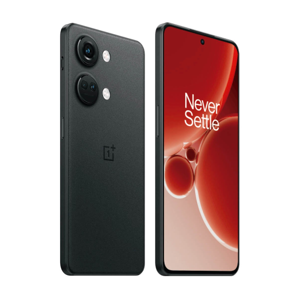 Due smartphone neri: il retro con due fotocamere e logo, e la parte anteriore con uno schermo rosso.