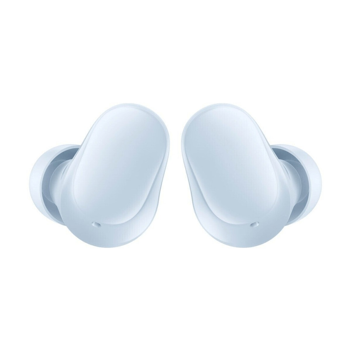 Ein Paar hellblaue In-Ear-Kopfhörer vor einem weißen Hintergrund.