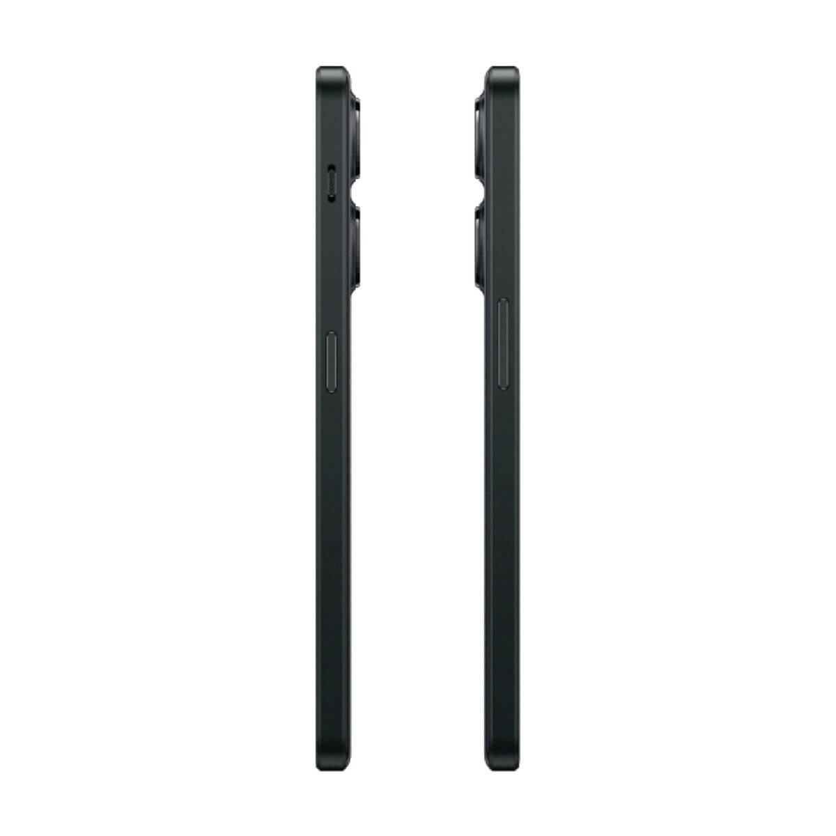 Due viste laterali di uno smartphone nero con pulsanti e cornice della fotocamera su sfondo bianco.