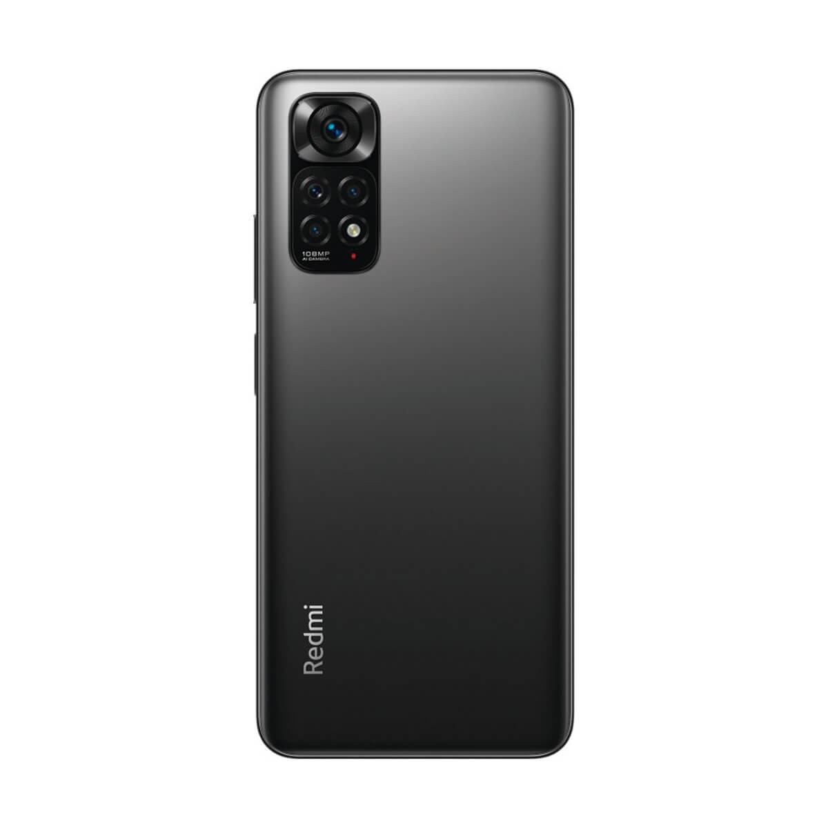 Retro di uno smartphone Redmi grigio con modulo a quattro fotocamere e logo del marchio.