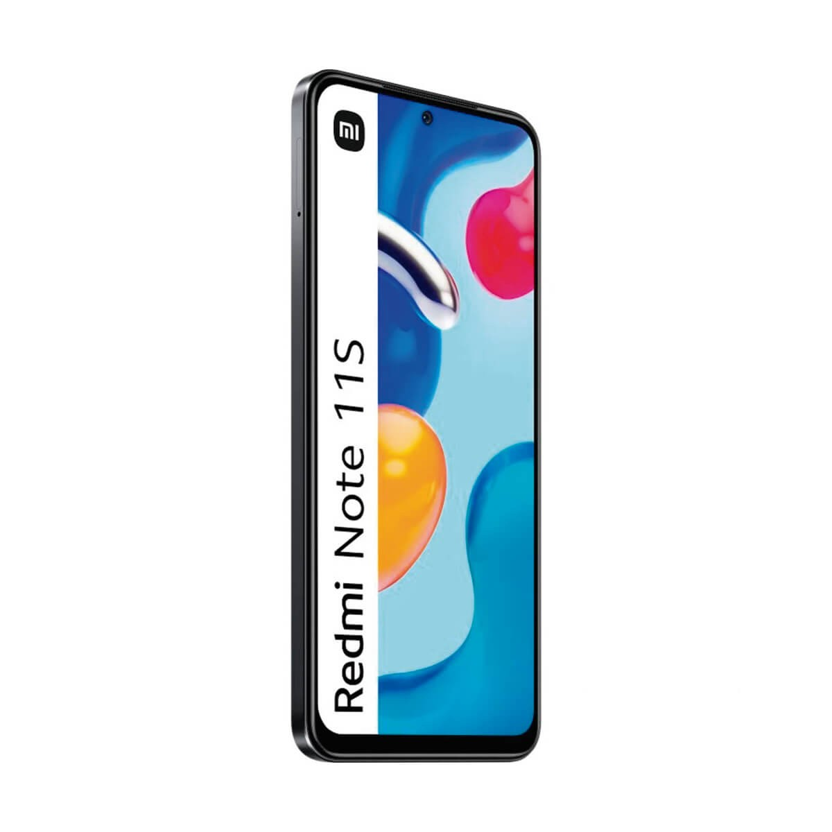 Uno smartphone Redmi Note 11S con cornice nera e uno sfondo astratto colorato sullo schermo.