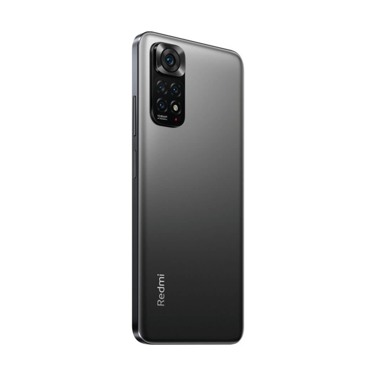 Retro di uno smartphone Redmi grigio con modulo a quattro fotocamere rettangolare e logo Redmi.