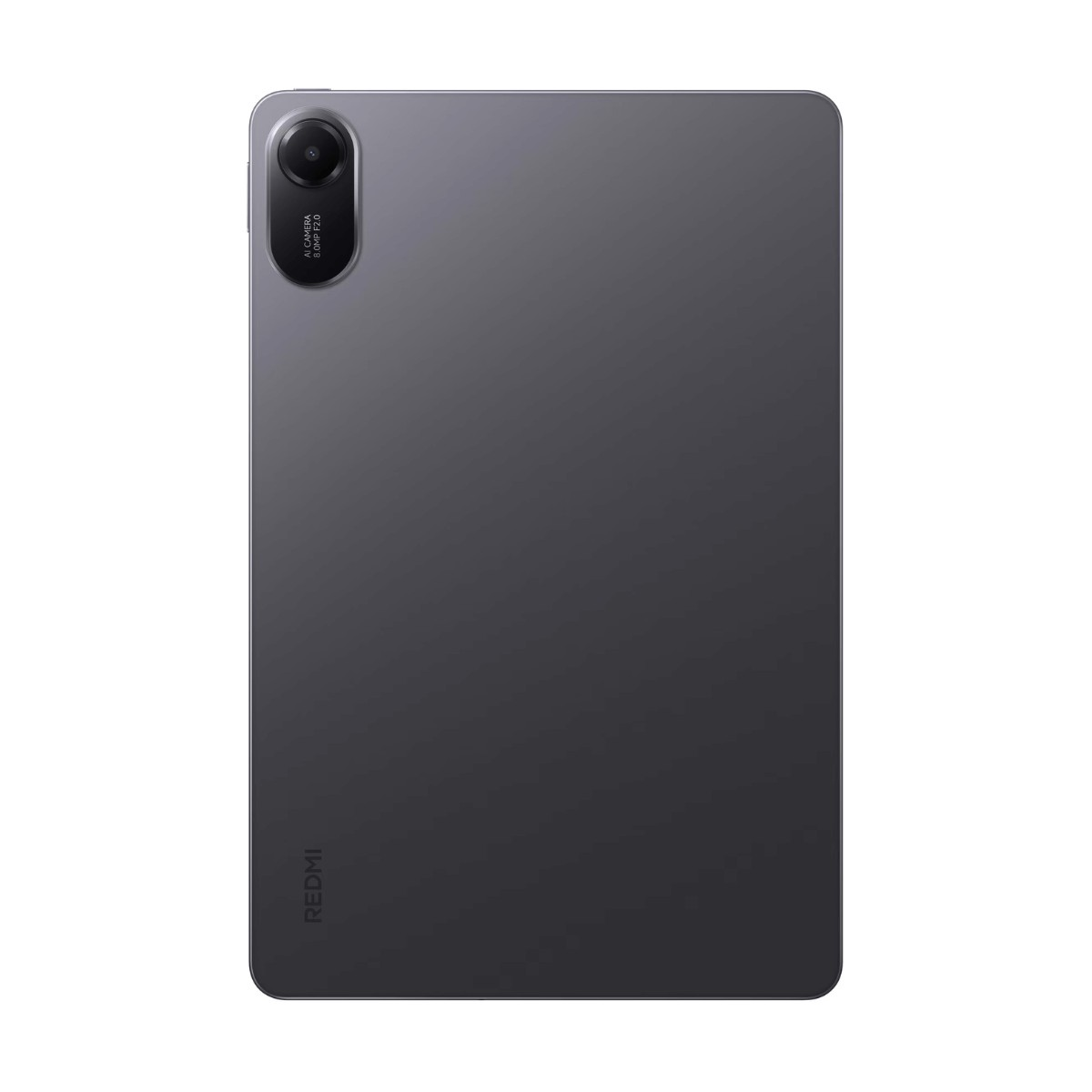 Retro di un tablet Redmi grigio con fotocamera in alto a sinistra e logo.