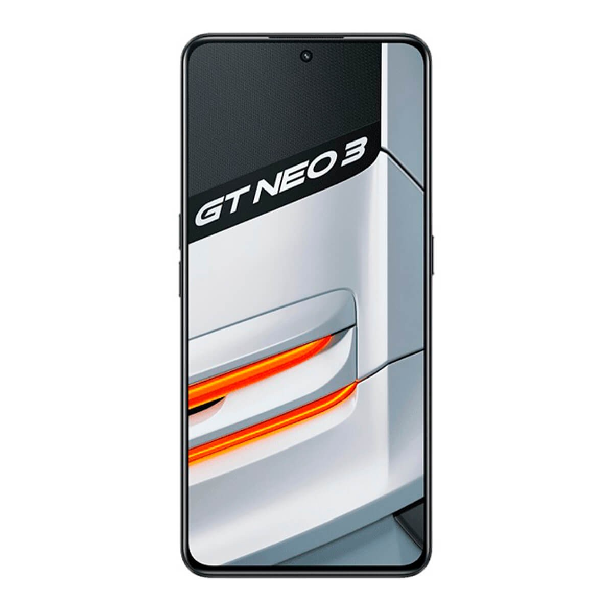 Smartphone nero con la scritta GT NEO 3 sullo schermo e sfondo a tema auto.